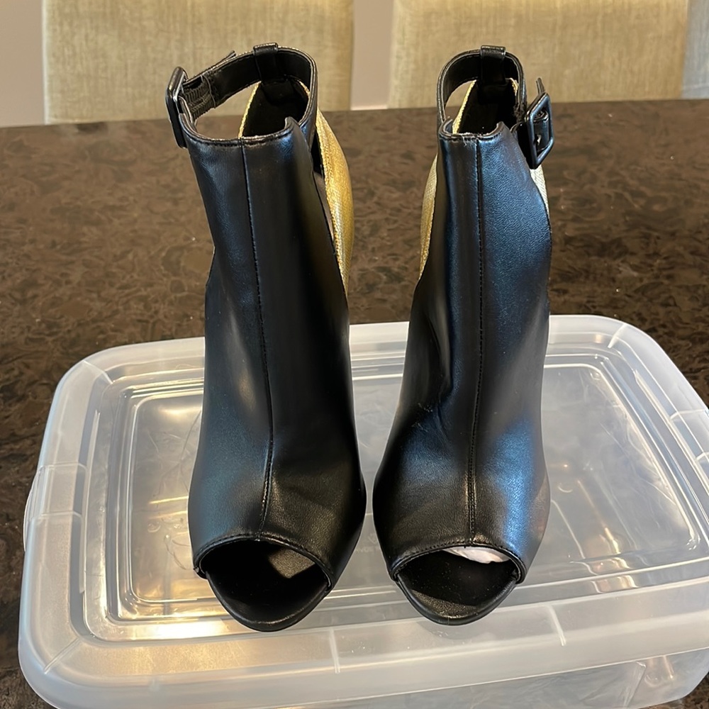 Black and Gold Peep Toe Booties